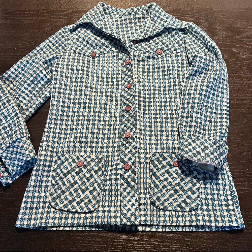 Vintage Teal and Cream Plaid Houndstooth Button-Down Shirt